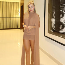 Load image into Gallery viewer, Autumn Winter Women Half Turtleneck Double Layer Stitching Mesh Ribbon Hip Wrapped Sexy Dress