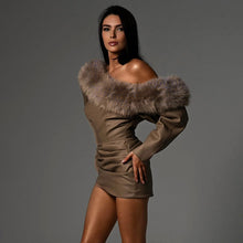 Load image into Gallery viewer, Autumn Winter Women Fur Collar Long Sleeve Solid Color Pleated Sexy off Shoulder Sexy Dress