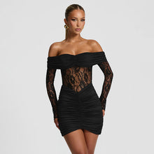 Load image into Gallery viewer, Women Autumn Winter Sexy off Shoulder Lace Stitching Hip Mini Dress