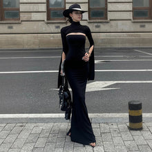 Load image into Gallery viewer, Advanced Black Slim Fit Fishtail Dress Turtleneck Hollow Out Cutout Split Slimming Maxi Dress