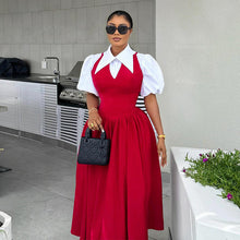 Load image into Gallery viewer, Women Clothing Autumn Elegant Bubble Sleeve Women Shirt Collar High Waist Slimming Dress Faux Two Pieces