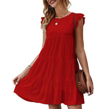 Load image into Gallery viewer, Summer Solid Color round Neck Short Sleeves Dress Casual Tiered Dress Pleated Large Swing Dress