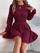 Load image into Gallery viewer, Fall Winter Solid Color Twist Fitted Waist Lantern Long Sleeve Sweater Dress A line Women Clothing