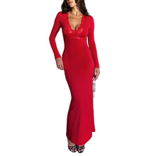 Load image into Gallery viewer, Red V neck Lace Stitching Long Sleeved Slim Fit Sheath Fishtail Dress Elegant Sexy Dress