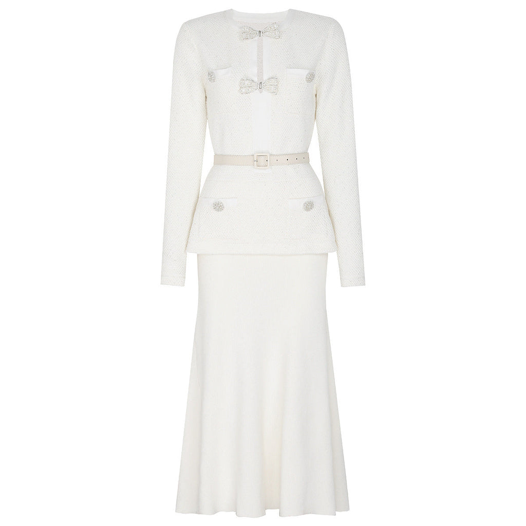 Spring Autumn Knitted round Neck Slim Fit Slimming Heavy Industry Beads Long Sleeve Dress