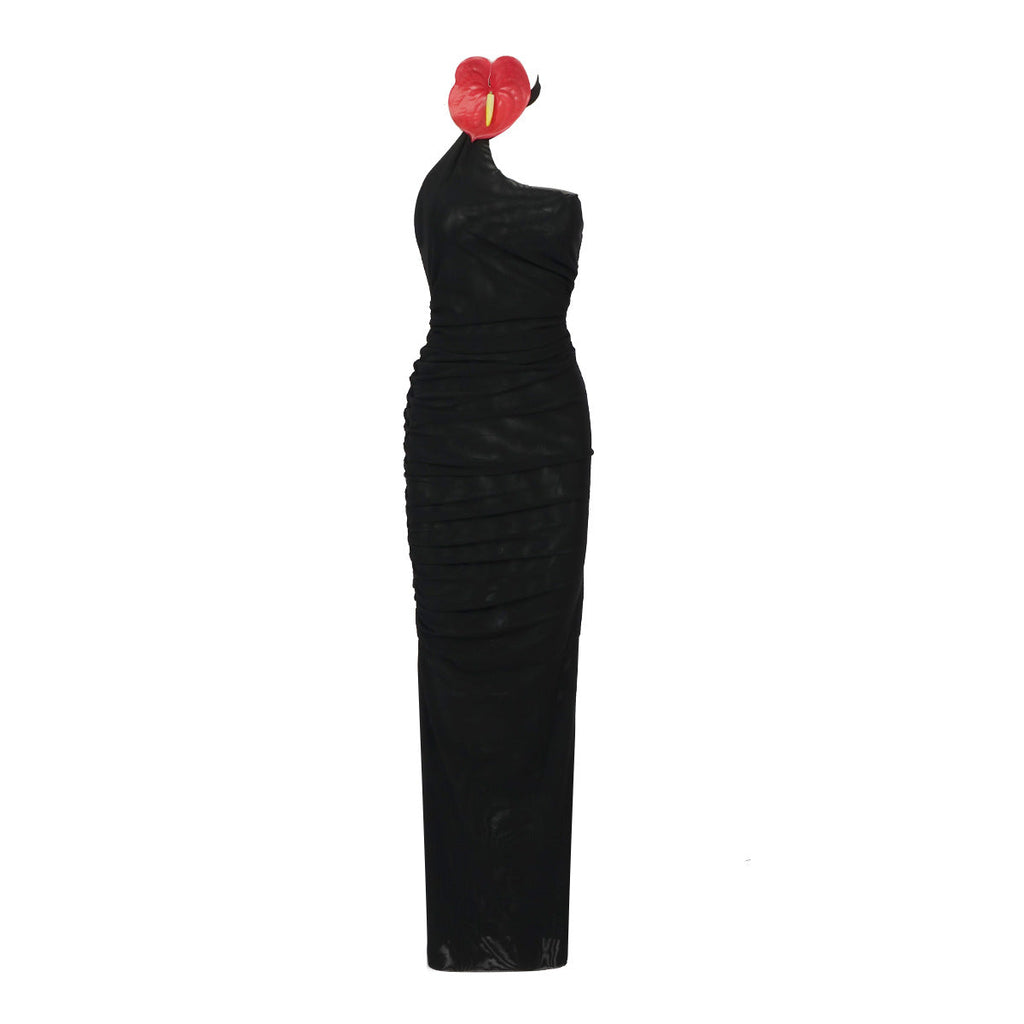 Black Diagonal Collar Mesh Elastic Semi Transparent Hip Sexy Women Lace Floral Red Goose Web Dress