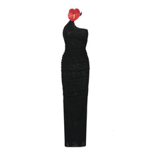 Load image into Gallery viewer, Black Diagonal Collar Mesh Elastic Semi Transparent Hip Sexy Women Lace Floral Red Goose Web Dress