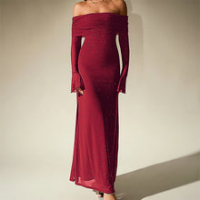 Load image into Gallery viewer, Mesh Silver Square Dress Sexy off Shoulder Flared Long Sleeve Dress Maxi Dress