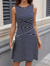 Load image into Gallery viewer, Spring Summer Striped Plaid Crew Neck Sleeveless Color Matching Waist Pleating Mid Length Dress Women Top