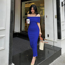 Load image into Gallery viewer, Spring Off Shoulder Pleated Dress Slim Fit Slimming Slit Bottoming Formal Dress