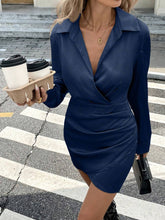 Load image into Gallery viewer, Women Clothing Satin Autumn Long Sleeve Dress Fitted Waist Pleated Simple Short Dress