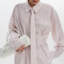Load image into Gallery viewer, Office Printed Striped Shirt Women Polo Collar Long Sleeve Tie Cinched Blouse