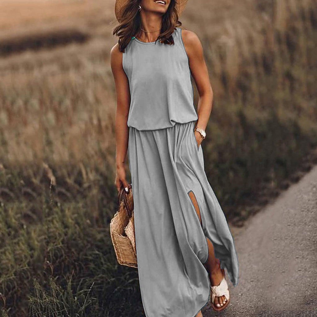 Spring Summer Women Clothing round Neck Sleeveless Dress Split Solid Color Casual Office Dress