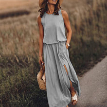 Load image into Gallery viewer, Spring Summer Women Clothing round Neck Sleeveless Dress Split Solid Color Casual Office Dress