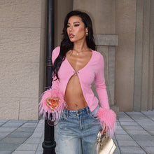 Load image into Gallery viewer, Sexy Deep V Plunge neck Long Sleeve Ostrich Feather Pink Cardigan Autumn Sexy All Match Top