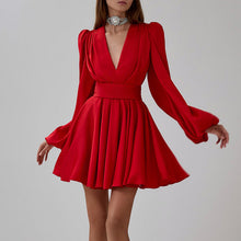 Load image into Gallery viewer, French Pleated Dress Women Puff Sleeve V neck Waist Seal Slimming Satin A line Dress
