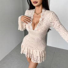 Load image into Gallery viewer, Autumn Winter Lace V neck Double Layer Ruffled Slim Fit Sheath Dress