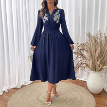 Load image into Gallery viewer, Autumn Holiday Ethnic Tight Waist V neck Blue Embroidery Dress Women