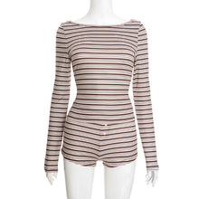 Load image into Gallery viewer, Women Clothing Autumn Winter Elegant Casual Striped Long Sleeved Top Short Shorts Set
