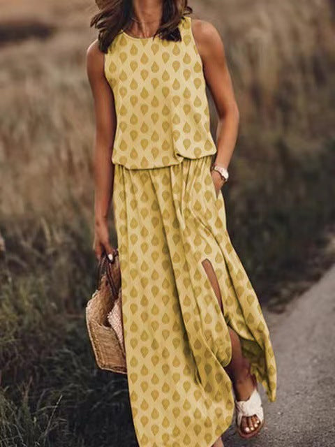 Spring Summer Women Clothing round Neck Sleeveless Dress Split Solid Color Casual Office Dress