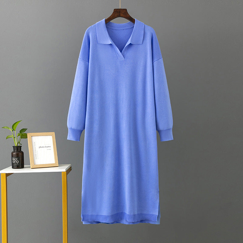 Autumn Winter Polo Collar Base Knitting Loose Solid Color Women Dress