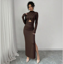 Load image into Gallery viewer, Autumn Winter Sexy Slit Slim Fitting Cropped Outfit Long Sleeve Mid Length Long Sleeve Dress
