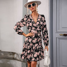 Load image into Gallery viewer, Autumn Sweet Retro Lantern Sleeve V neck Printed Ruffled Dress