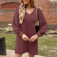 Load image into Gallery viewer, Autumn Winter Women V neck Lantern Sleeve Solid Color Woolen Dress