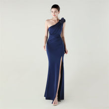 Load image into Gallery viewer, One Shoulder Three Dimensional Floral Satin Folding High Slit Sexy Evening Dress Dinner Wedding Social