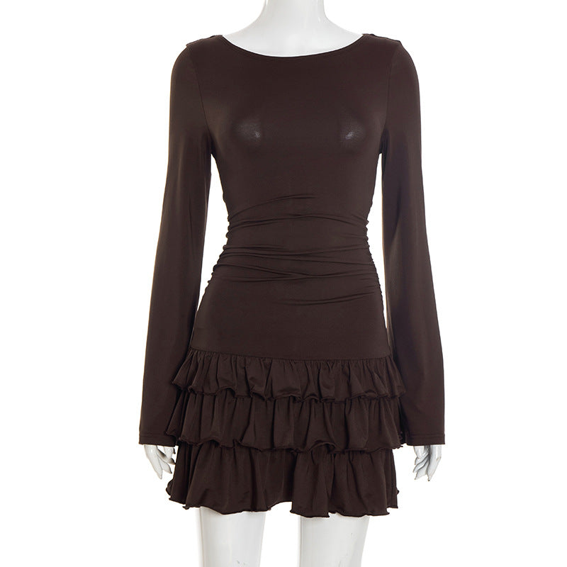 Women Clothing Summer Sexy Solid Color Slim Fit Long Sleeve Lace Dress