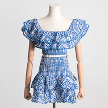 Load image into Gallery viewer, Summer French Wooden Ear Short Top High Waist Cake Layer Skirt Sexy Two Piece Suit Suit