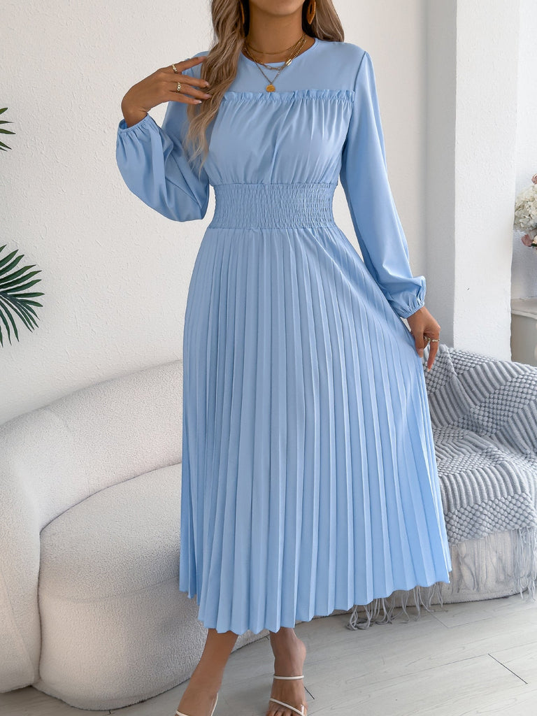 Women Clothing Spring Summer Elegant Wooden Ear Long Sleeved Waist Pleated Dress
