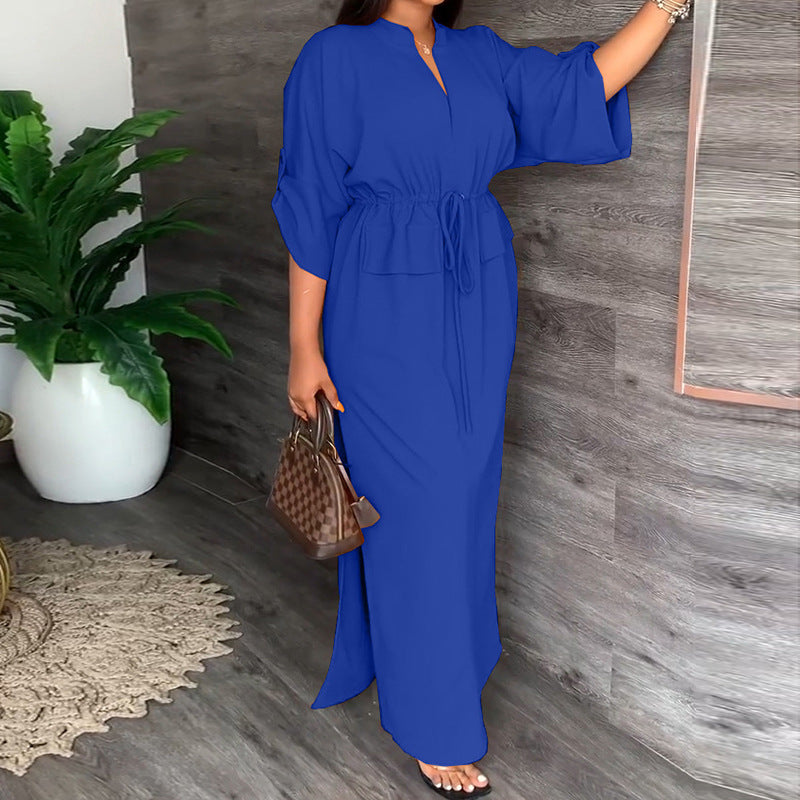 Autumn Women Clothing Casual Stand Collar Split Dress Solid Color Dress