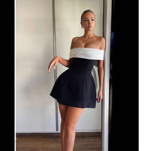 Load image into Gallery viewer, Spring Summer off Shoulder Black White Contrast Color Tight Waist a Swing Design Bow Dress