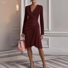 Load image into Gallery viewer, Sexy Slim Fit Slimming Solid Color Hip Dress Long Sleeve V Pleated Design Dress Women