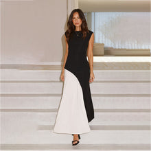 Load image into Gallery viewer, Cross Street round Neck Sleeveless Cinched Patchwork Black White Contrast Color High Waist Dress