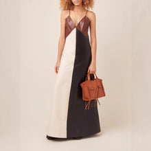 Load image into Gallery viewer, Autumn Winter Women Clothing Contrast Color Sexy Strap Faux Leather Stitching Dress Slim V neck Leather Dress