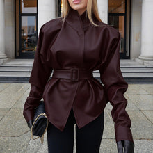 Load image into Gallery viewer, Retro Wine Red Autumn Winter Leather Coat Women Long Sleeve Stand Collar Belt Waist Tight Figure Flattering Leather Jacket
