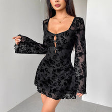Load image into Gallery viewer, Fall Dress Flocking Long Sleeve Floral Hollow Out Cutout Bow Women Clothing
