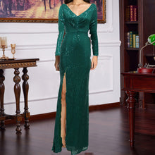 Load image into Gallery viewer, Spring Split Long Sleeve V neck Slim Fit Long Formal Dress Wedding Cocktail Party Multi Color Sequined Evening