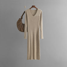 Load image into Gallery viewer, Autumn Winter V neck Knitted Dress Outer Wear Straight Slimming Long Sleeve Sunken Stripe Slit Base Overknee Sweater Dress