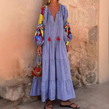 Load image into Gallery viewer, Autumn Long Sleeve Arrival V neck Lantern Sleeve Striped Printed Dress