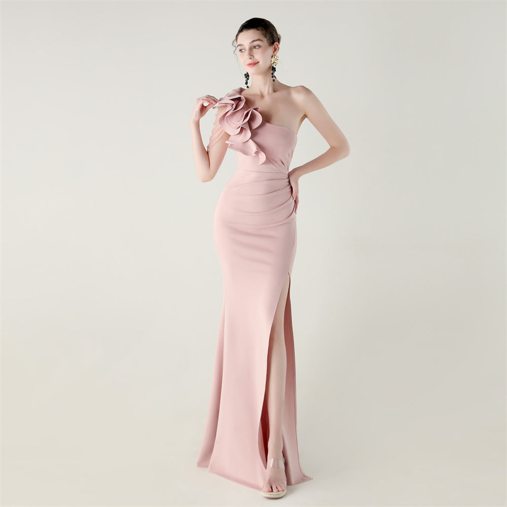 One Shoulder Craft Beading Wave Floral Satin High Slit Sexy Evening Dress Dinner Party Wedding Social