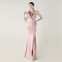 Load image into Gallery viewer, One Shoulder Craft Beading Wave Floral Satin High Slit Sexy Evening Dress Dinner Party Wedding Social