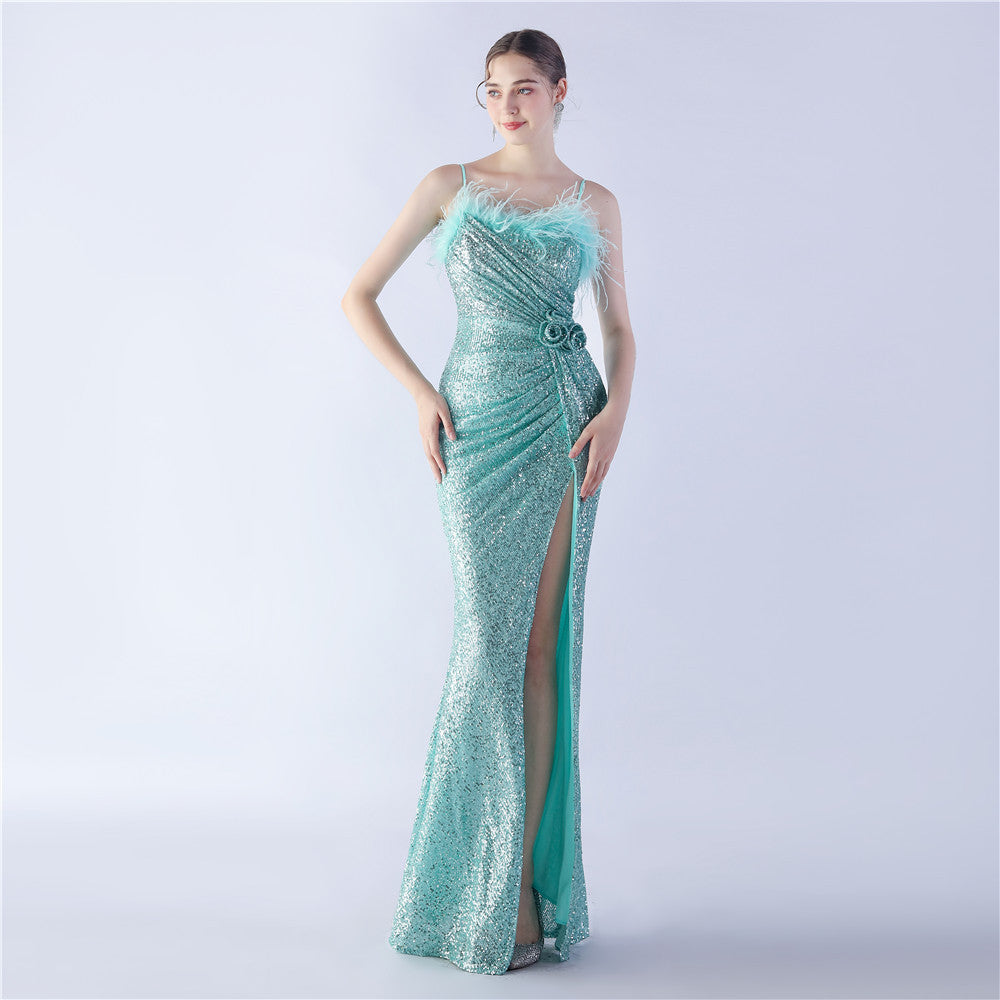 Ostrich Hair Craft Floral Wedding Annual Meeting High End Evening Dress