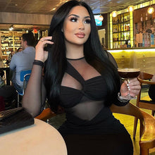 Load image into Gallery viewer, Women Clothing round Neck Mesh Stitching Long Sleeves Mid Length Tight Dress