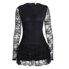 Load image into Gallery viewer, Women Dark Sexy Tight Long Sleeve See through Lace Tiered Dress round Neck Waist Trimming A line Dress