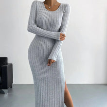 Load image into Gallery viewer, Autumn Winter Long Sleeve Crew Neck Split Knitted Maxi Dress Women