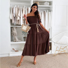 Load image into Gallery viewer, Women Clothing Summer Solid Color off Neck Short Sleeve Elastic Waisted Lace up Stitching Dress