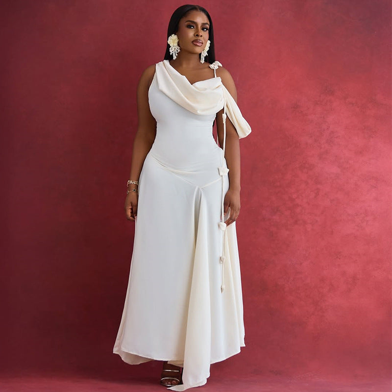 Women Clothing Summer Dignified Sense of Design off the Shoulder Mid Length Slim Strap Dress